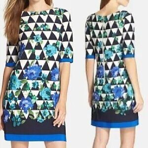 ELIZA J Blue Green Floral / White Black Geo Geometric Elbow Sleeve Shift Dress 6